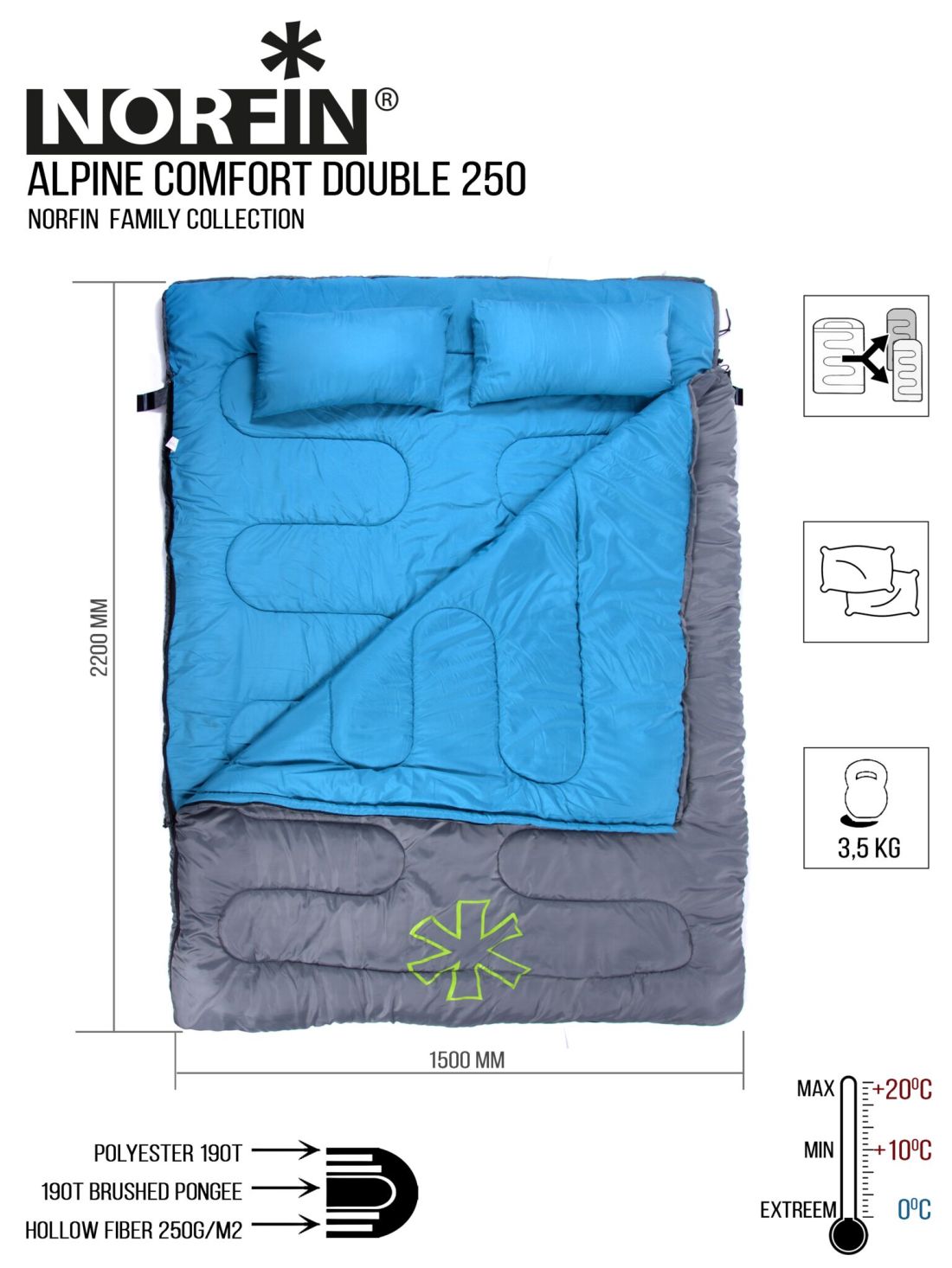 Norfin Мешок-одеяло спальный Norfin Alpine Comfort Double 250 (комфорт +10)