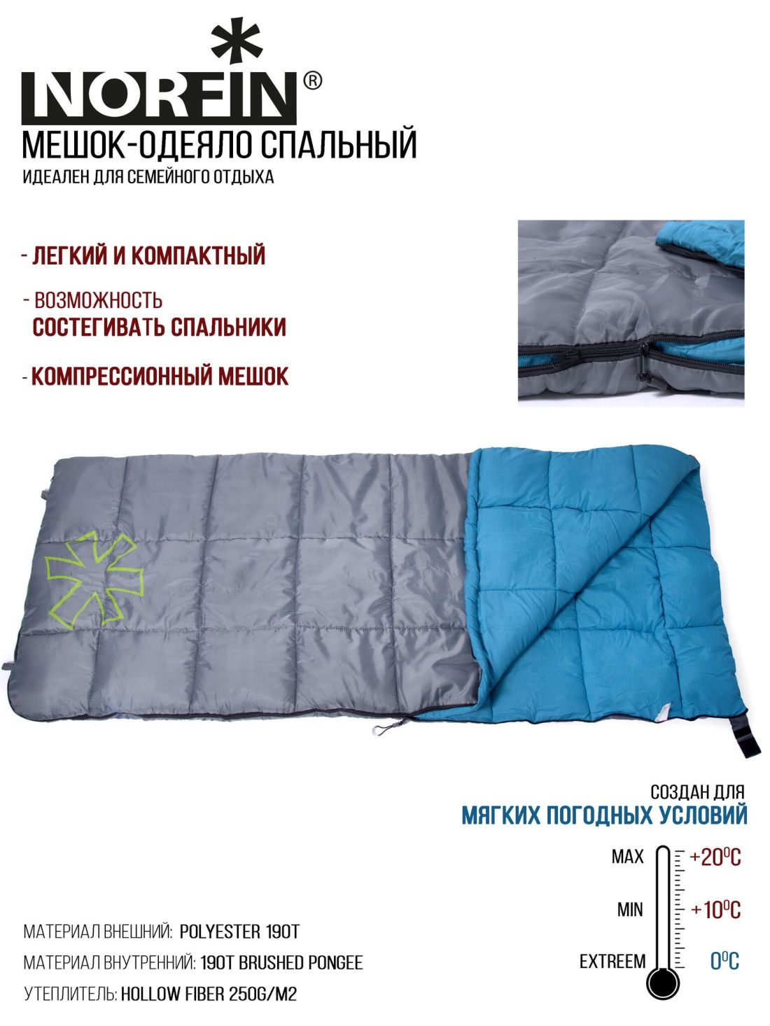 Norfin Мешок-одеяло спальный левый Norfin Alpine Comfort 250 L (комфорт +10)