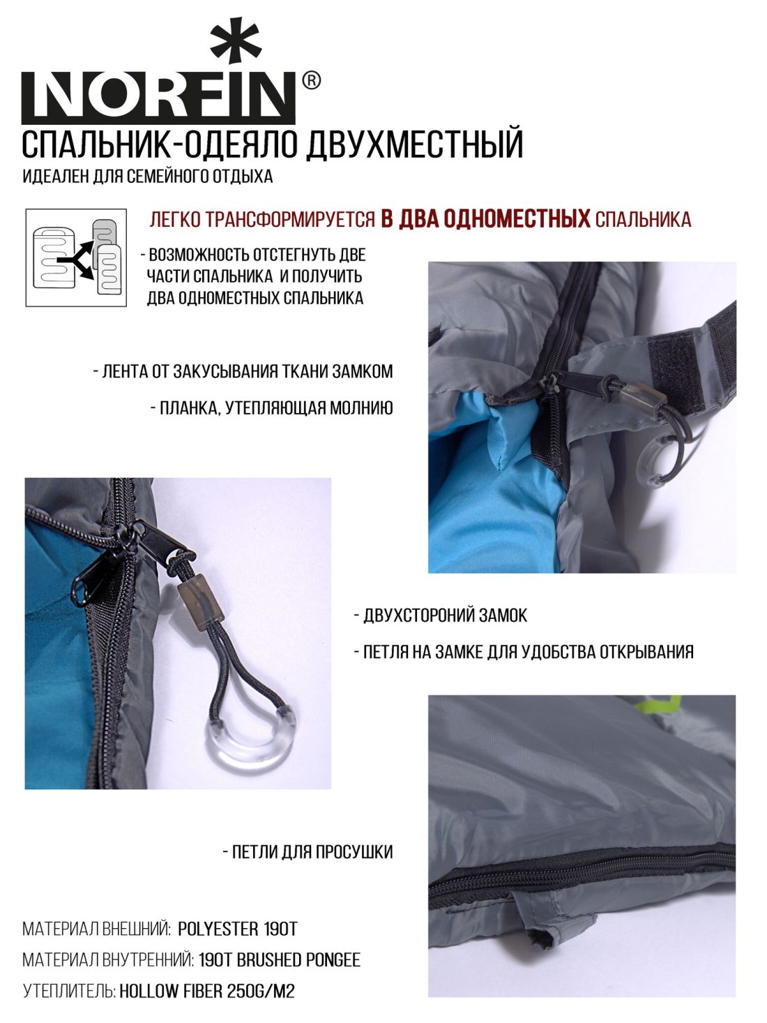 Norfin Мешок-одеяло спальный Norfin Alpine Comfort Double 250 (комфорт +10)