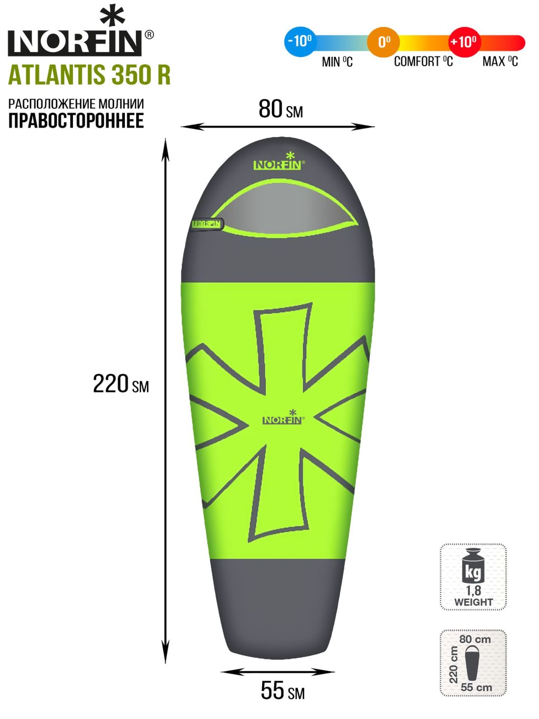 Norfin Мешок-кокон спальный правый Norfin Atlantis 350 R (комфорт +10)