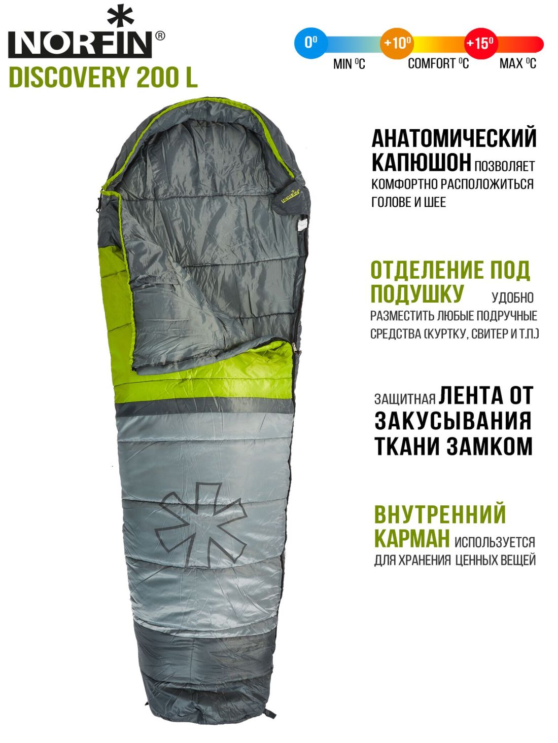 Norfin Мешок-кокон спальный правый Norfin Discovery 200 R (комфорт +10)