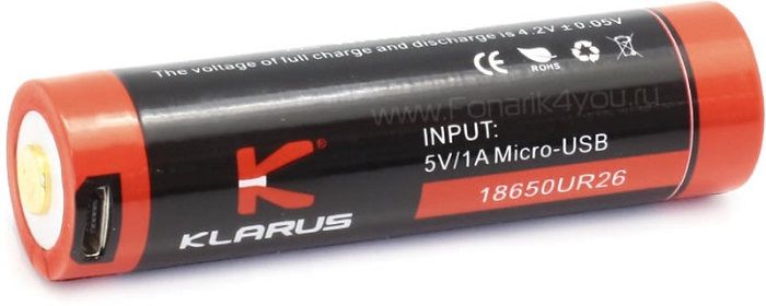 Klarus Аккумулятор перезаряжаемый Klarus 18650 2600mAh USB порт